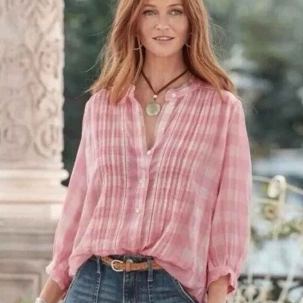 Sundance Gingham Top Pink Risette Cotton Button Down Plaid Cuff Ties Womens SP